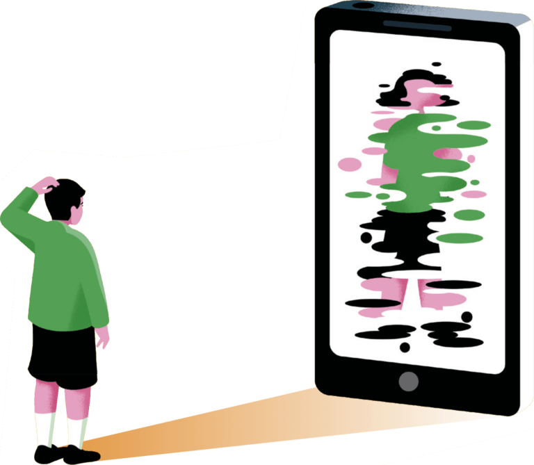 A child seeing a distorted reflection of themselves in a smartphone